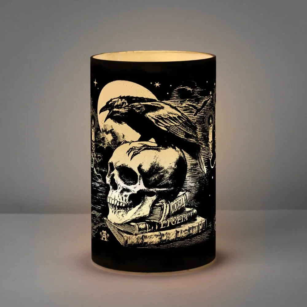 Alchemy Gothic Etched Black Glass LED Poe's Raven Lantern Light NIB